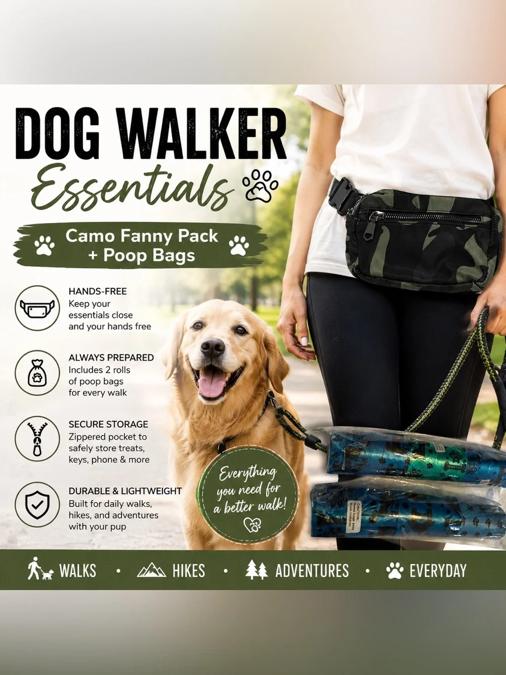 Camo Fanny Pack + Dog Poop Bag Dispenser Set | Hands-Free Dog Walking Essentials